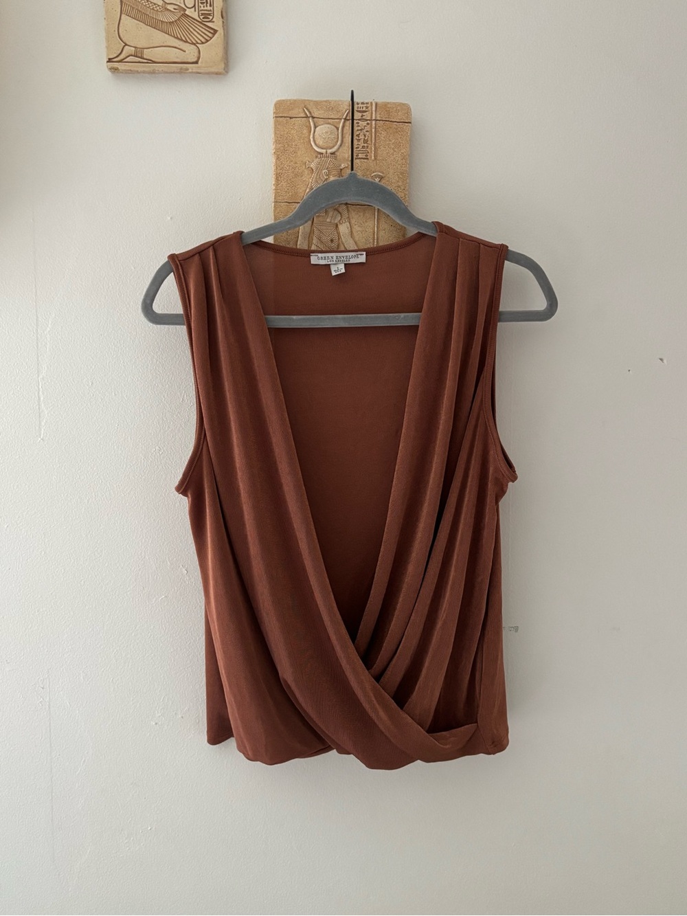 Green Envelope Metallic Bronze Draped Sleeveless Top